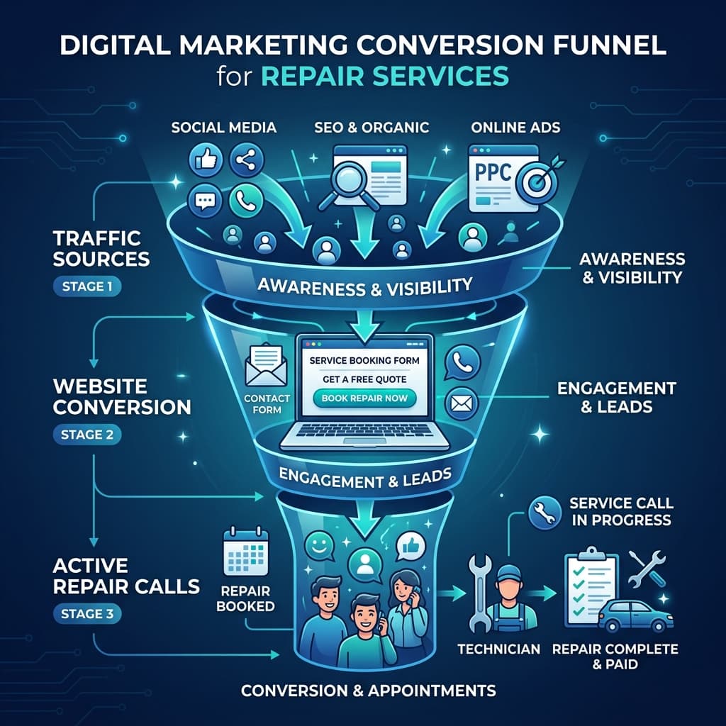 Sơ đồ phễu chuyển đổi Digital Marketing Conversion Funnel ngành sửa chữa điện thoại, laptop