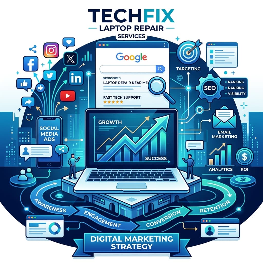 Sơ đồ chiến lược Digital Marketing ngành sửa chữa điện thoại, laptop thiết bị công nghệ