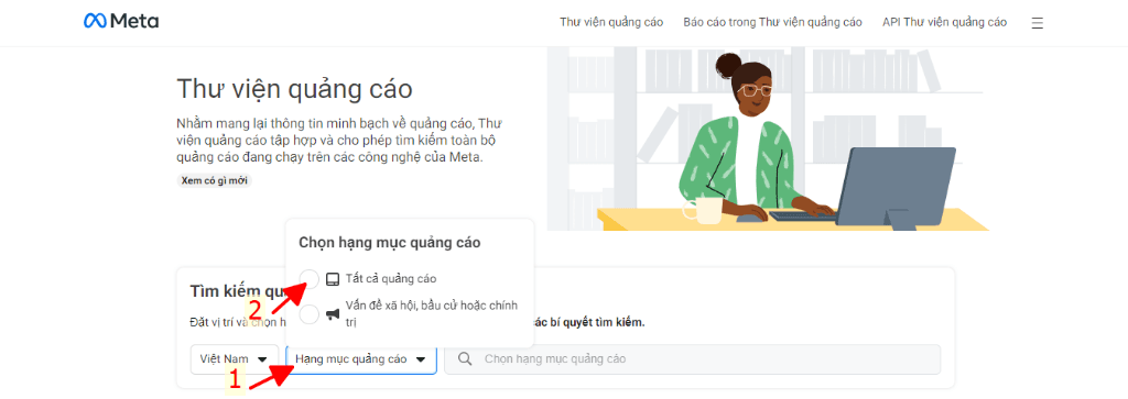 Minh họa giao diện thư viện Facebook Ads Library khi tìm kiếm từ khóa sửa chữa Điện thoại, Laptop
