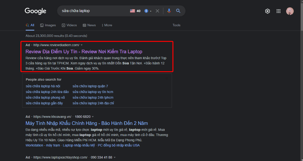 Minh họa mẫu quảng cáo Google Search khi tìm kiếm từ khóa sửa chữa điện thoại, laptop