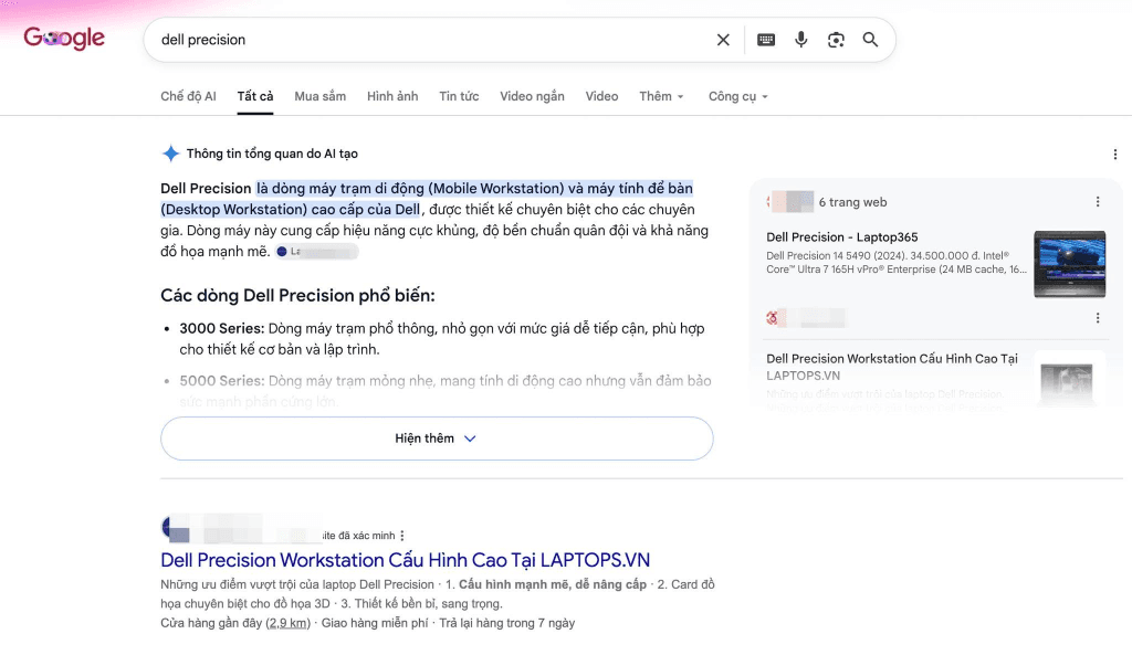 Schema hoàn thiện giúp Google nhận diện đầy đủ thông số kỹ thuật và chứng chỉ của Dell Precision