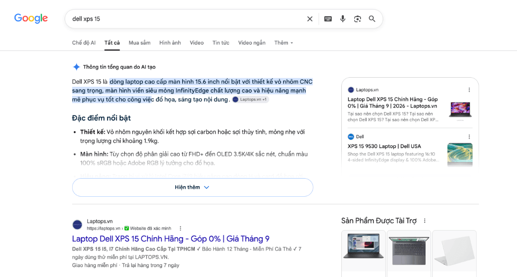 Đoạn trích dẫn trực tiếp của Google AI Overview cho từ khóa Dell XPS 15 chuẩn xác từng câu từ