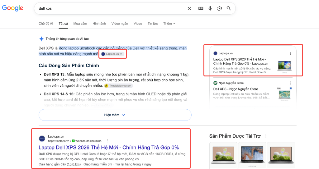 Google AI Overview hiển thị nội dung phân loại Dell XPS 13, XPS 14 & 16 dựa trên cấu trúc Semantic