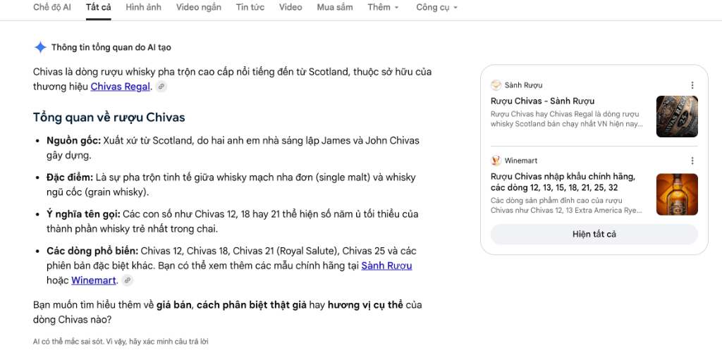 Google AI Overview trích dẫn nguồn uy tín Rượu Chivas