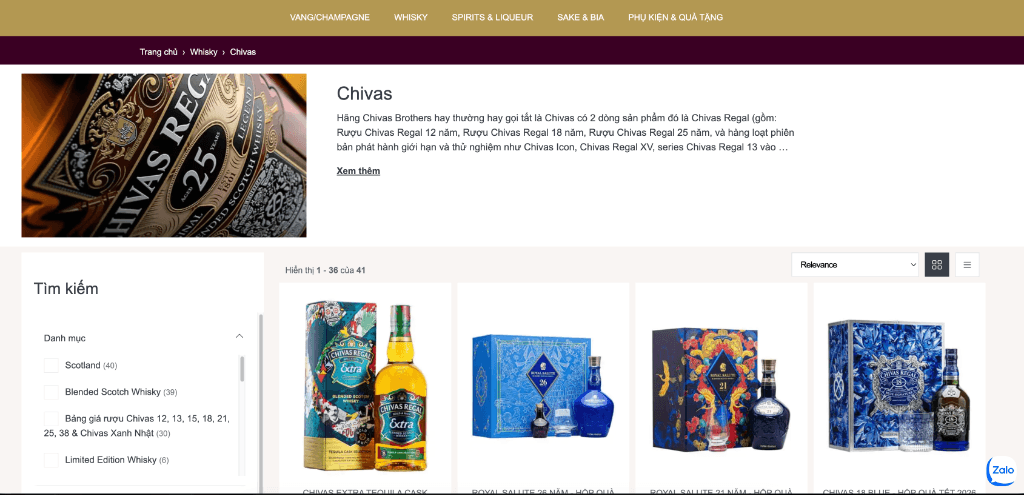 Giao diện danh mục Chivas E-commerce Ruouxachtay