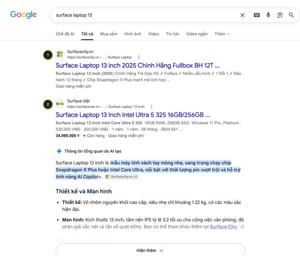 Đoạn trích dẫn thương hiệu độc quyền "Bạn có thể tham khảo thêm tại Surface City" trên Google AI Overview