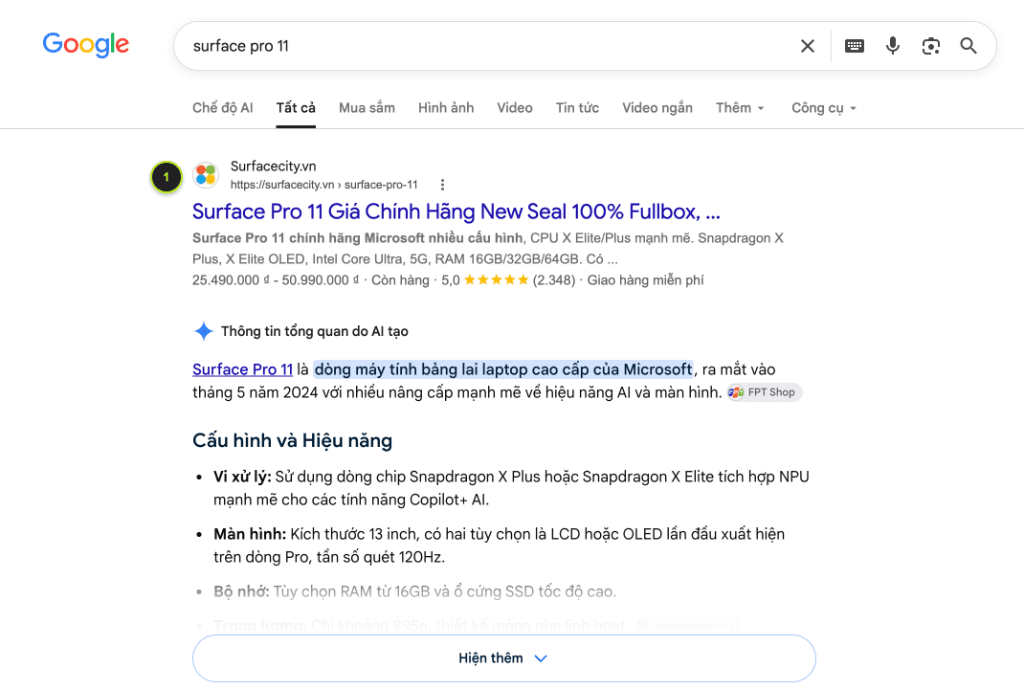 Giao diện Rich Snippet giá bán từ 25.49tr, đánh giá 5.0 sao và tình trạng Còn Hàng trên Google