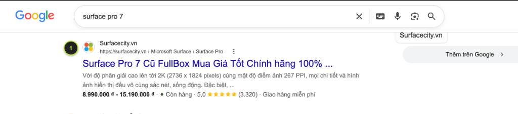 Google Rich Snippet hiển thị giá bán từ 8.99tr và 3.320 lượt đánh giá 5.0★ uy tín cho Surface Pro 7