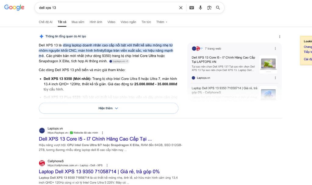 Top 1 SERP & Hộp AI "Dell XPS 13"