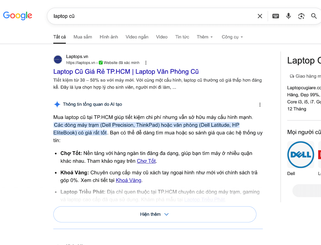 Top 1 SERP & Hộp AI "Laptop Cũ"