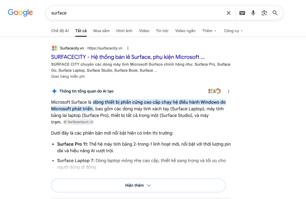 Top 1 Tìm Kiếm & AI Overview "Surface"