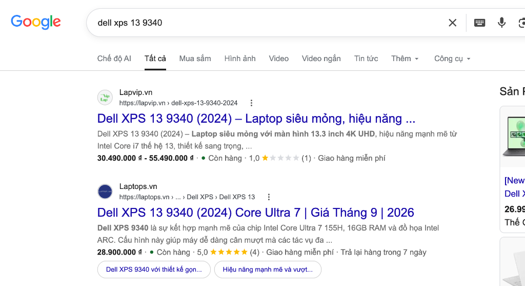 Google Rich Snippet: Dell XPS 13 9340