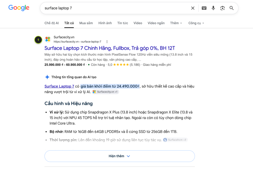 Google AI Overview & Top 1: Surface Laptop 7