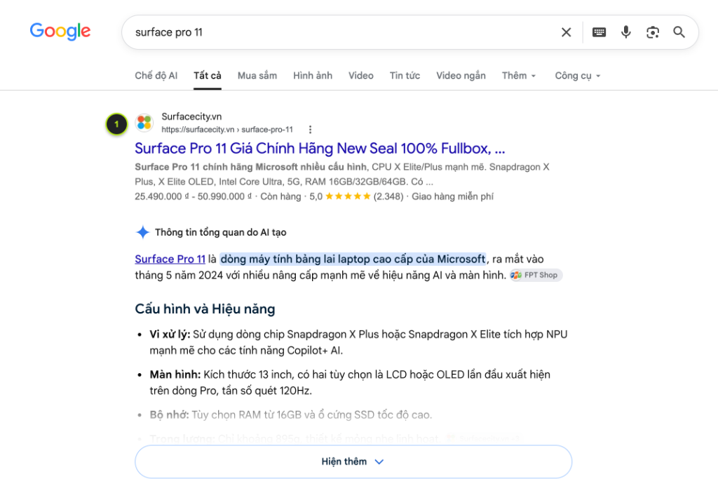 Bằng chứng Google Search từ khóa surface pro 11