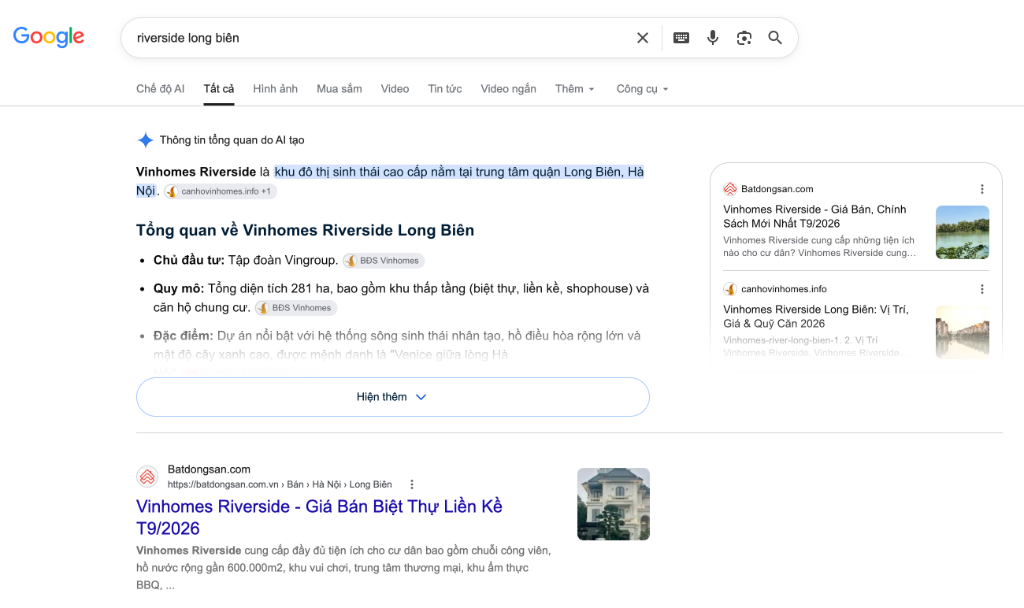 Google AI Overview Trích Dẫn canhovinhomes.info +1 "riverside long biên"