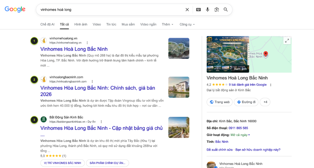 Chứng thực Top 1 Google - vinhomes hoà long
