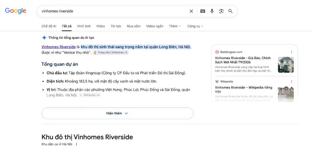 Google AI Overview & Top 1 "vinhomes riverside" (18.100 lượt tìm kiếm/tháng)