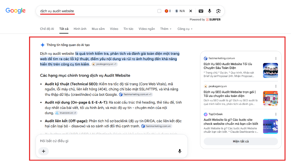 Giao diện Google AI Overview tổng hợp câu trả lời và trích dẫn website