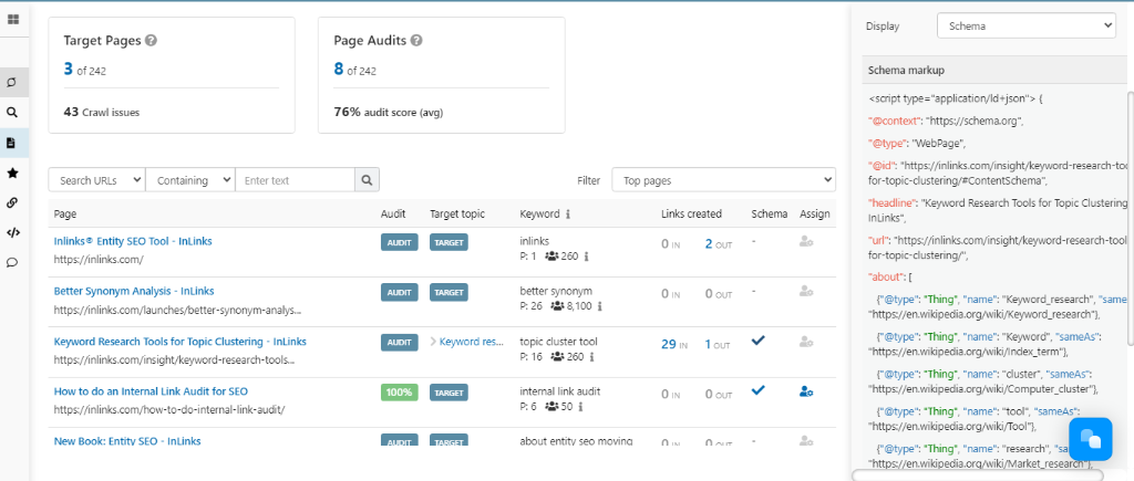 Bảng điều khiển công cụ InLinks tối ưu Entity và Schema Markup