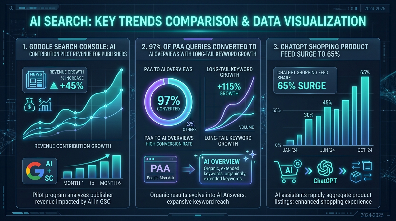 Infographic so sánh 3 dữ liệu cốt lõi: AI Contribution, 97% PAA AI Overviews và 65% ChatGPT Shopping Feed