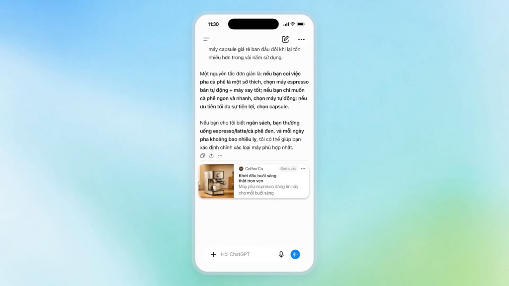 ChatGPT Ads hiển thị quảng cáo trong cuộc trò chuyện tại Việt Nam