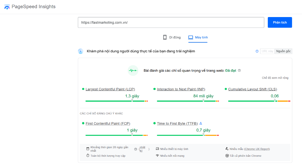Báo cáo kiểm tra hiệu suất tốc độ trang trên Google PageSpeed Insights