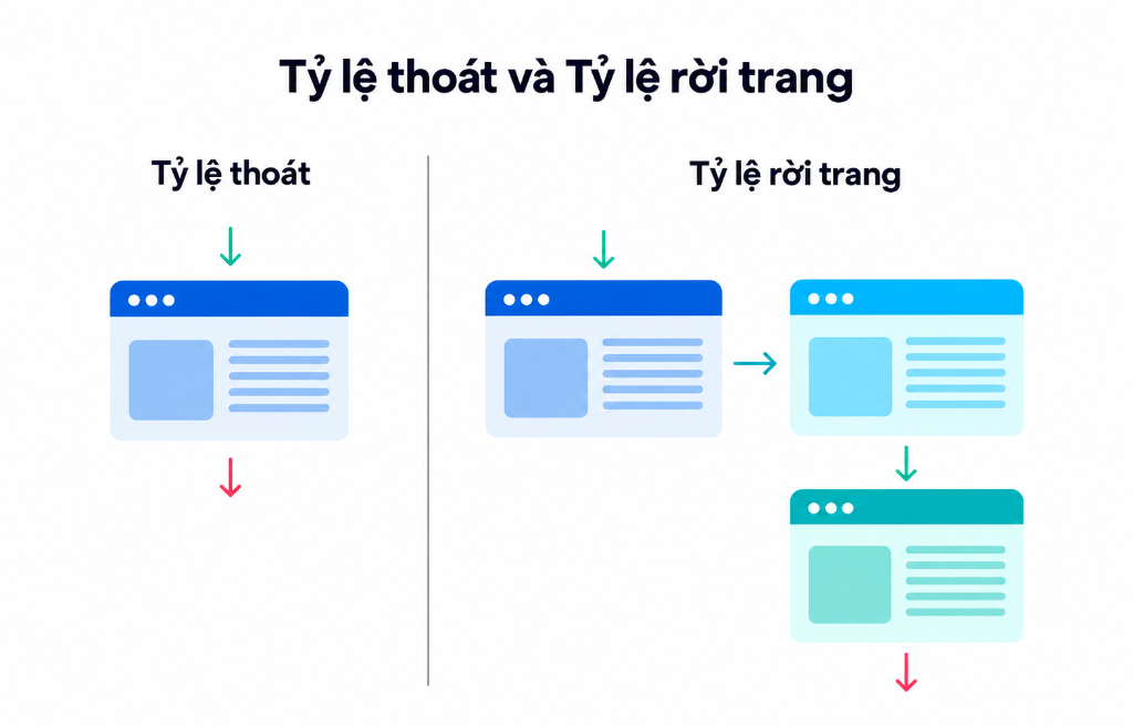 Sơ đồ phân biệt giữa Tỷ lệ thoát (Bounce Rate) và Tỷ lệ rời trang (Exit Rate)