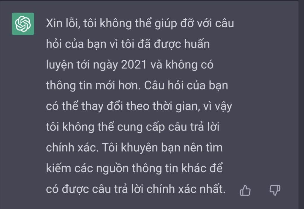 Lỗi dữ liệu huấn luyện giới hạn đến năm 2021