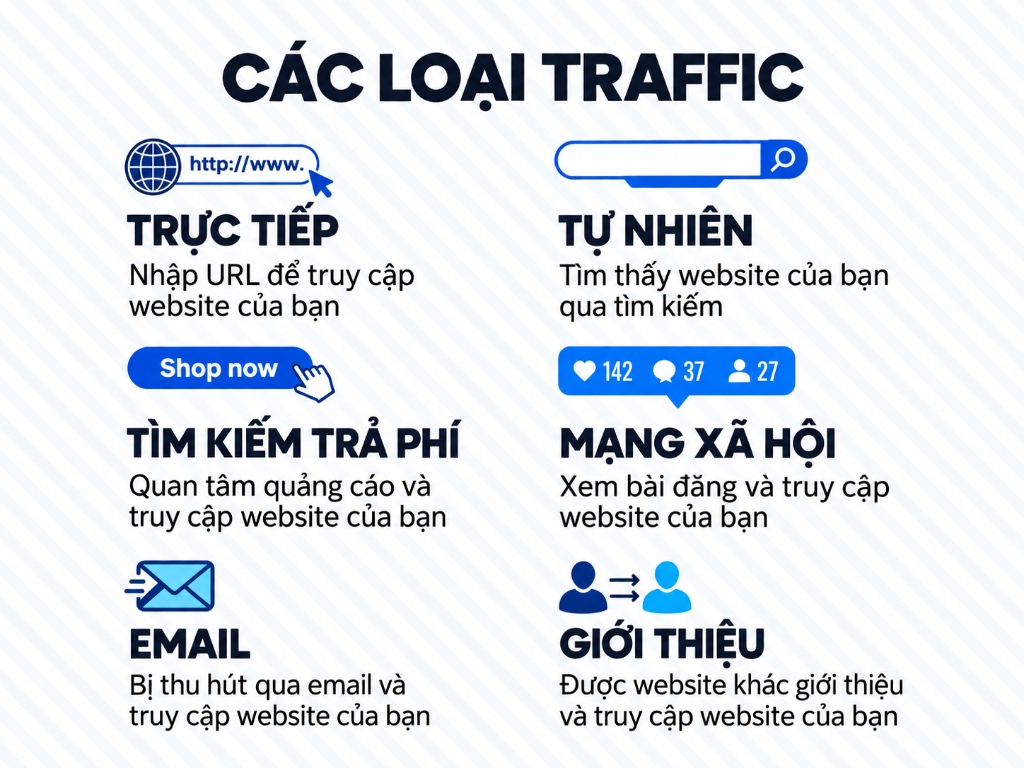 Các loại traffic website phổ biến: Trực tiếp, Tự nhiên, Tìm kiếm trả phí, Mạng xã hội, Email, Giới thiệu