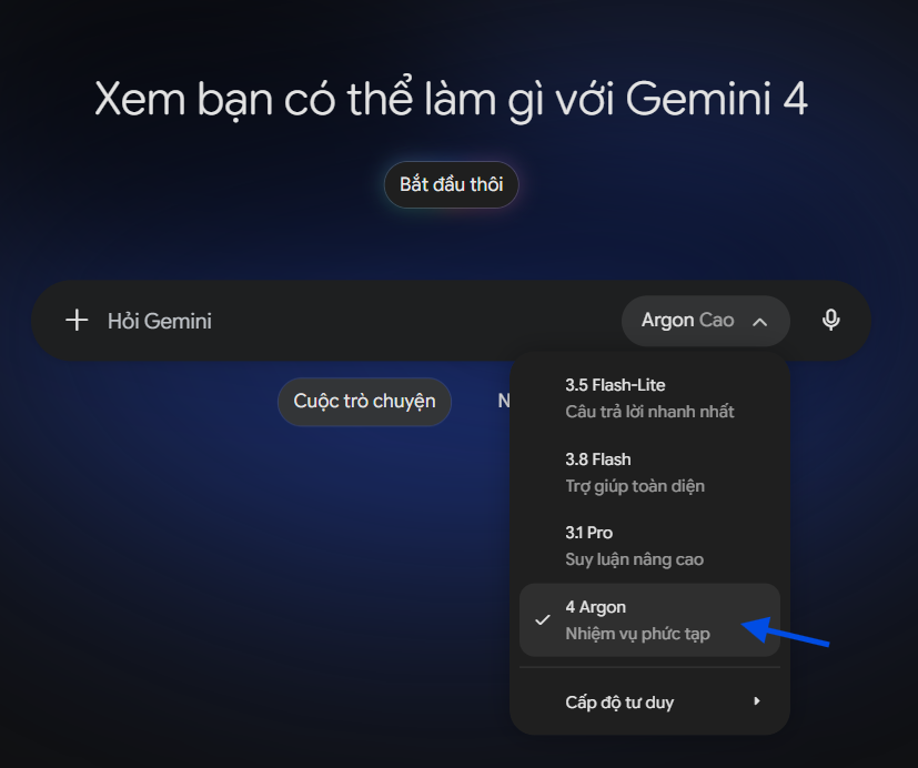 Gemini 4 Argon xuất hiện trên tùy chọn mô hình của Gemini bản Pro và Ultra