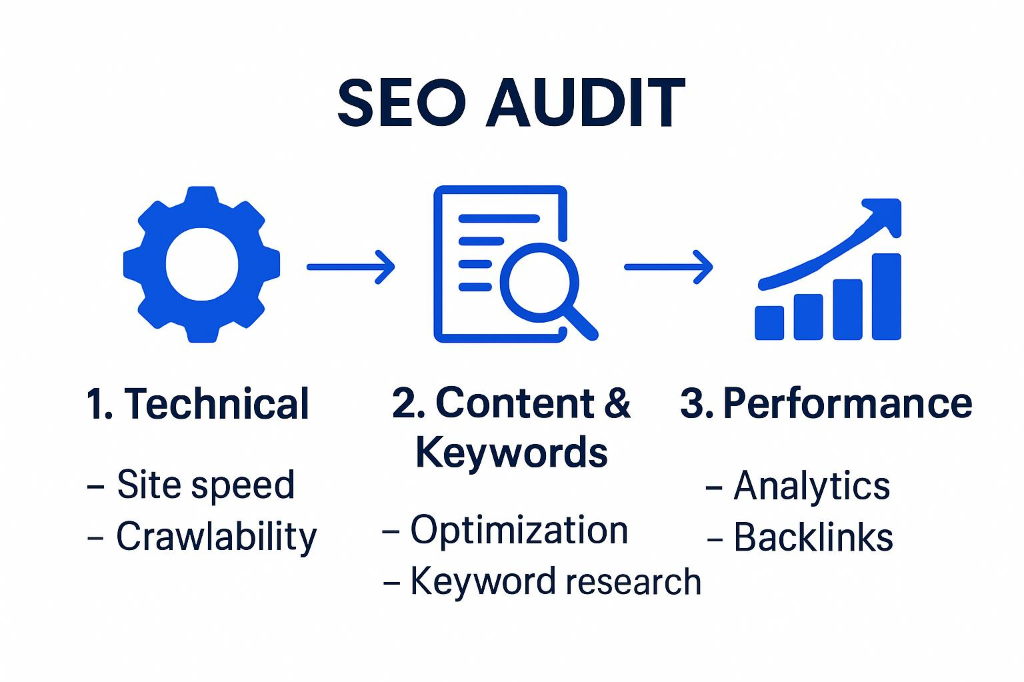 Quy trình kiểm tra SEO Audit gồm Technical, Content & Keywords, và Performance
