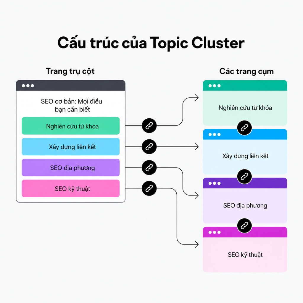 Mô hình cấu trúc website Topic Cluster phân cấp nội dung trụ cột và bài viết vệ tinh