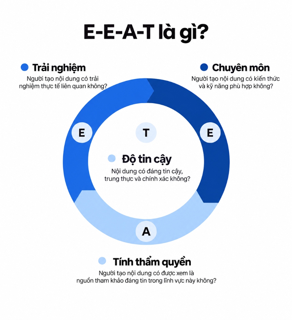 Mô hình tiêu chuẩn E-E-A-T của Google gồm Trải nghiệm, Chuyên môn, Thẩm quyền và Độ tin cậy