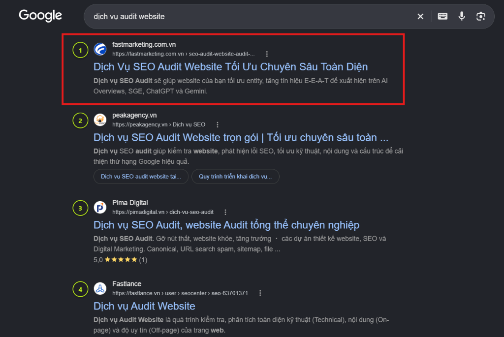 Kết quả tìm kiếm tự nhiên vị trí Top 1 trên Google SERP của Fast Marketing