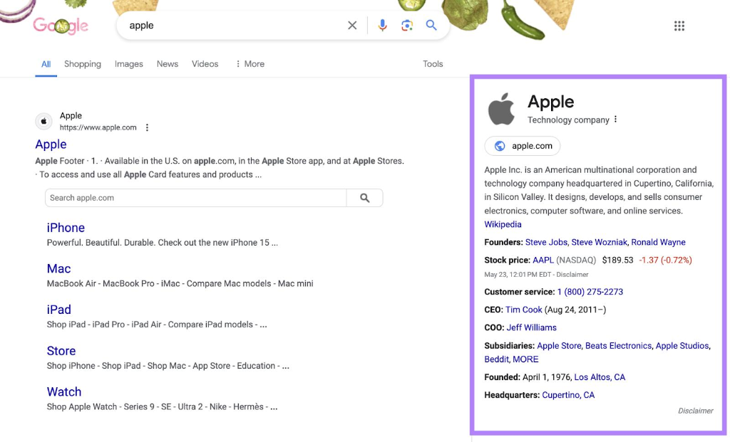 Ví dụ Knowledge Panel hiển thị thông tin thực thể trên Google Search