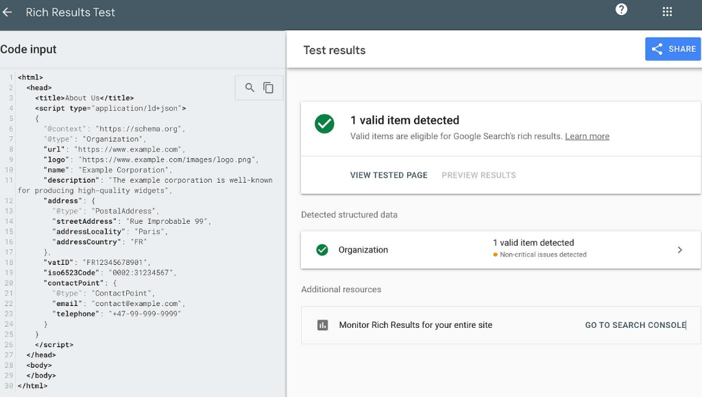 Ví dụ Organization Schema Markup giúp khai báo thông tin doanh nghiệp