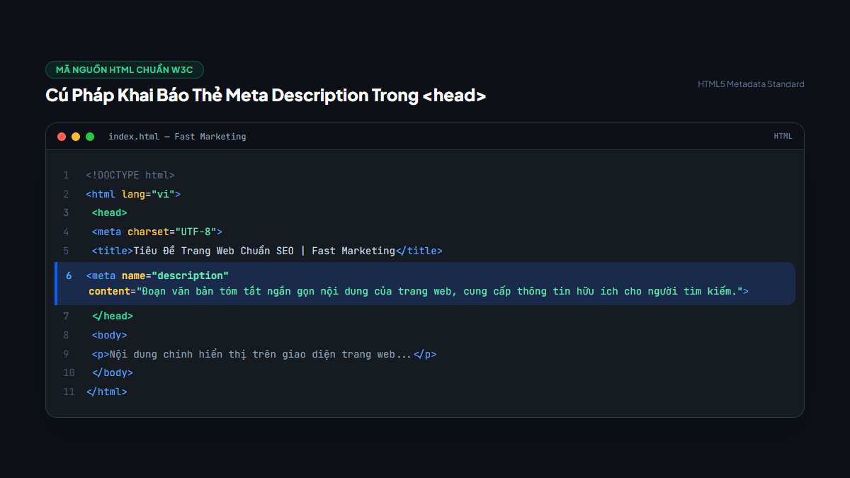 Cú pháp khai báo mã HTML của thẻ Meta Description trong phần thẻ head