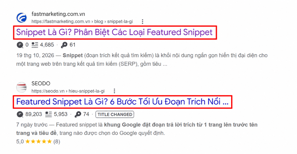 Ví dụ về độ dài Meta Title hiển thị đầy đủ và trường hợp bị cắt bớt dấu ba chấm trên Google
