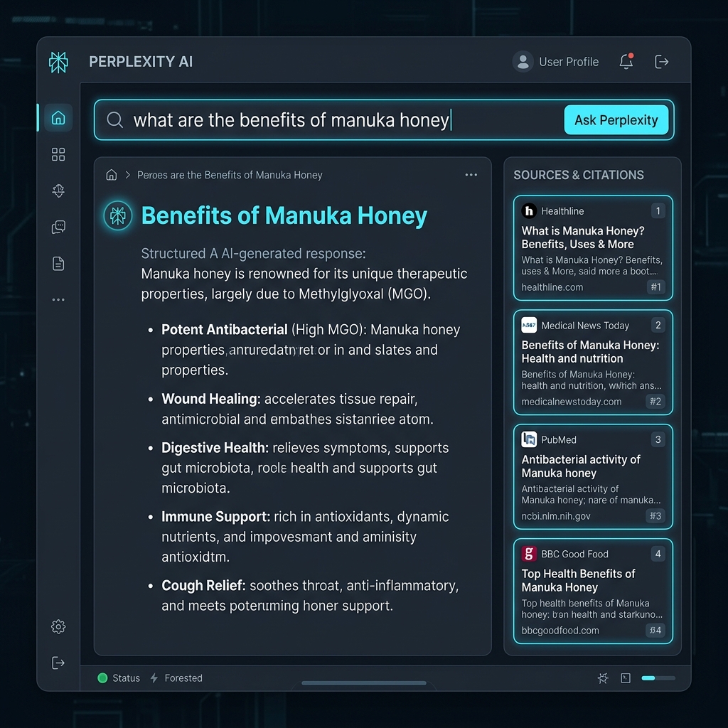 Kết quả tìm kiếm Benefits of Manuka Honey trên Perplexity.ai