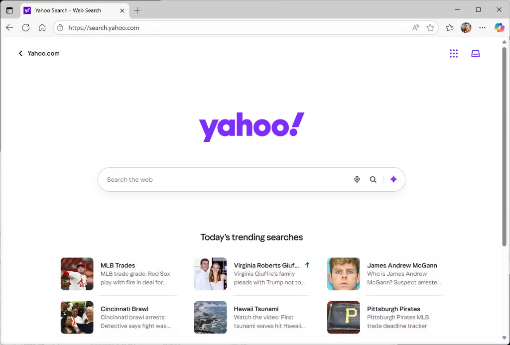 Giao diện trang tìm kiếm Yahoo Search kết hợp cổng tin tức trực tuyến