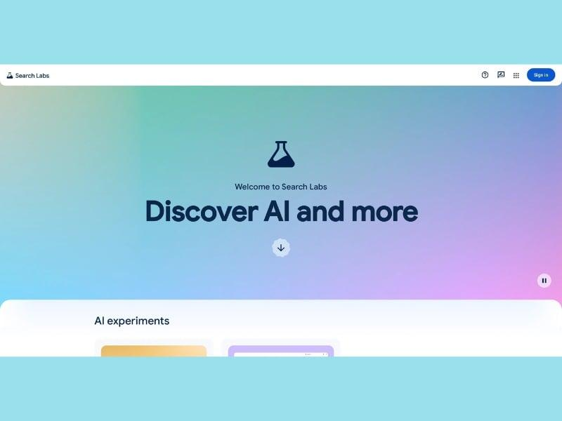 Giao diện giới thiệu chào mừng của Google Search Labs Discover AI and more