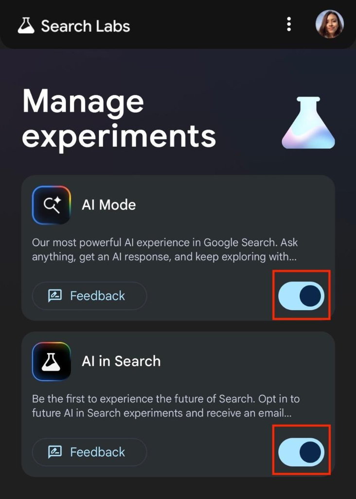 Nút Feedback gửi ý kiến phản hồi về tính năng thử nghiệm trong Google Search Labs