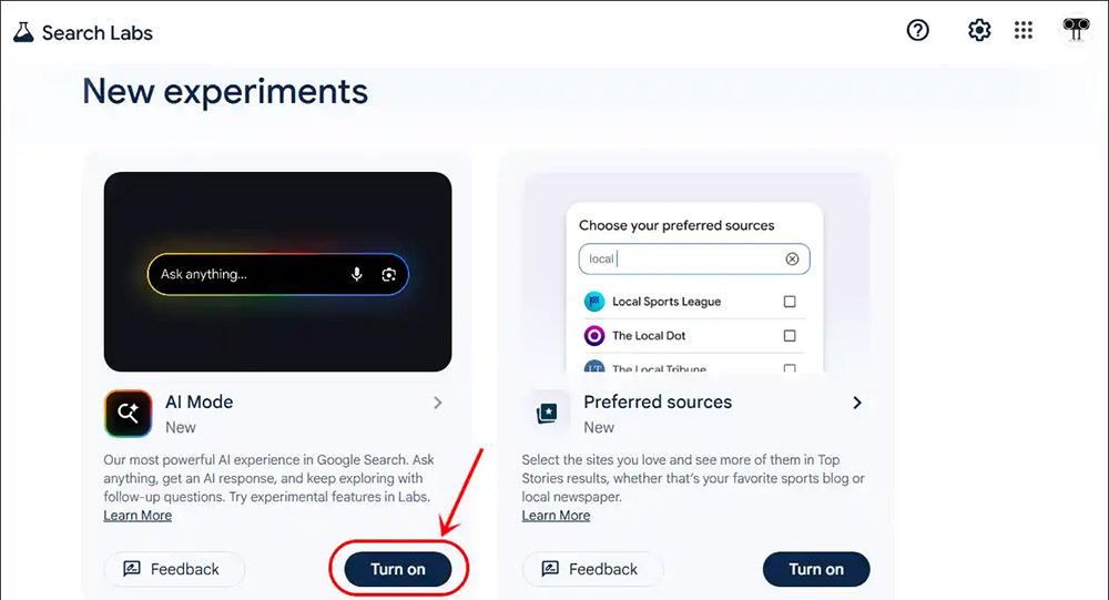 Hướng dẫn bật thử nghiệm mới trên Google Search Labs bằng nút Turn on