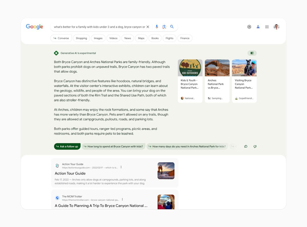 Giao diện Search Generative Experience SGE tiền thân của AI Overviews trên Google