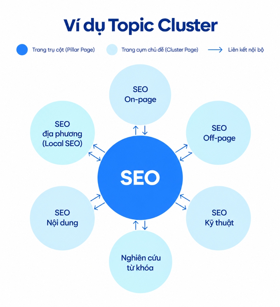 Mô hình Topic Cluster gồm trang trụ cột Pillar Page và các trang cụm chủ đề Cluster Page liên kết nội bộ chặt chẽ