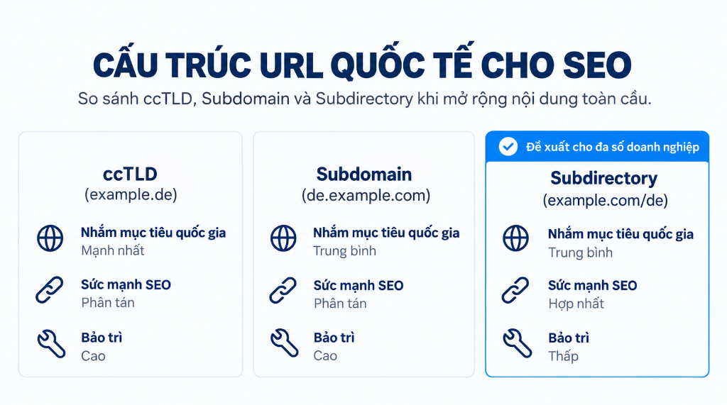 Cấu trúc URL quốc tế cho SEO: ccTLD, Subdomain và Subdirectory