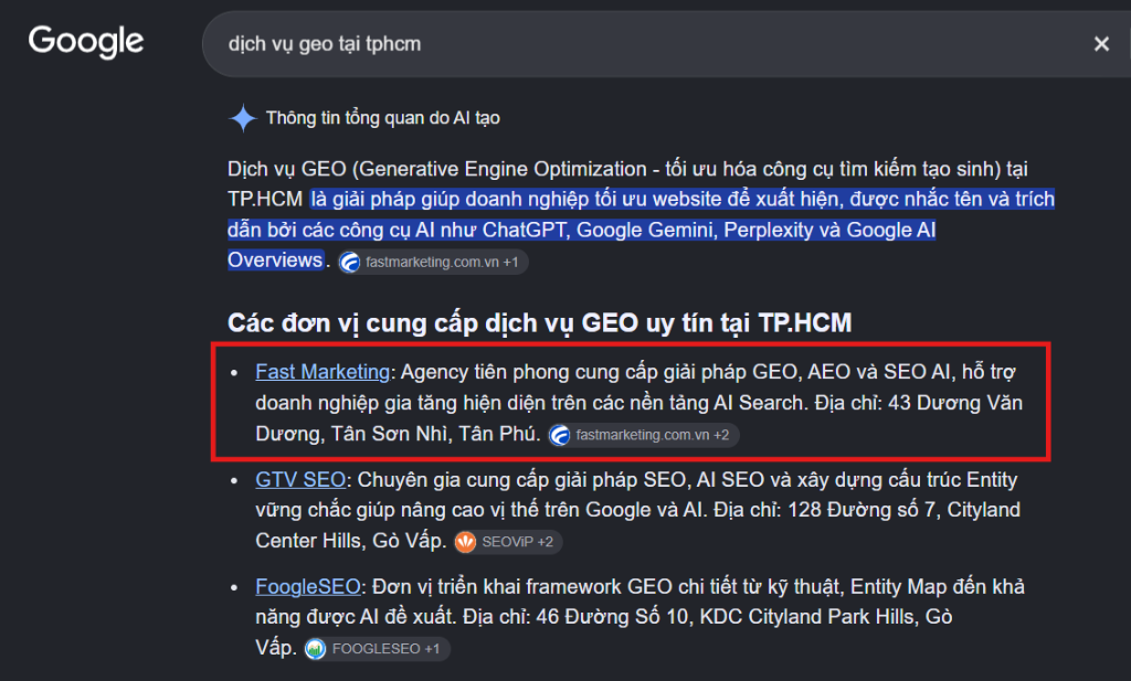 Google AI Overviews trích dẫn Fast Marketing trong kết quả tìm kiếm dịch vụ GEO tại TPHCM