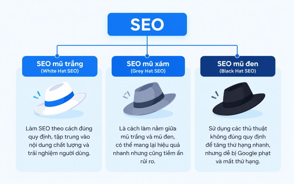 Phân loại 3 phương pháp SEO: SEO mũ trắng, SEO mũ xám và SEO mũ đen