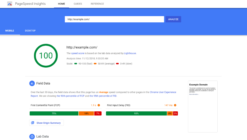 Giao diện kiểm tra điểm hiệu suất trên Google PageSpeed Insights