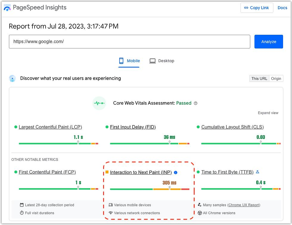Báo cáo kiểm tra Core Web Vitals trên Google PageSpeed Insights